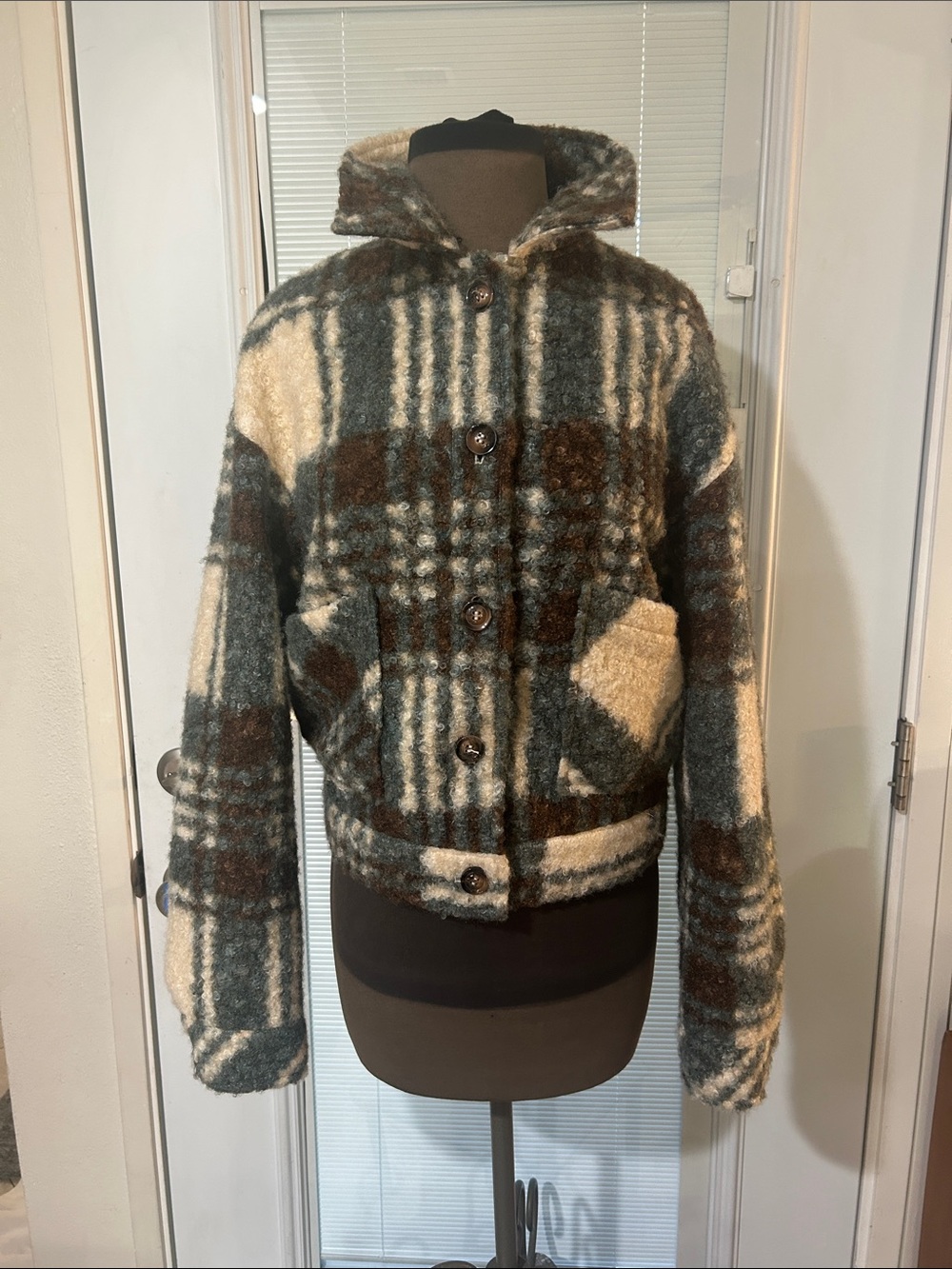 Plaid Bouclé bomber jacket in Brown & Cream. Size S
